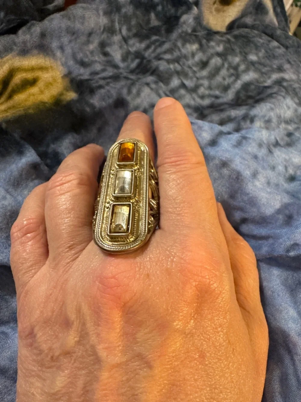 Gold-tone Triple Stone Cocktail Ring with Amber and Clear Stones - Picture 3 of 3